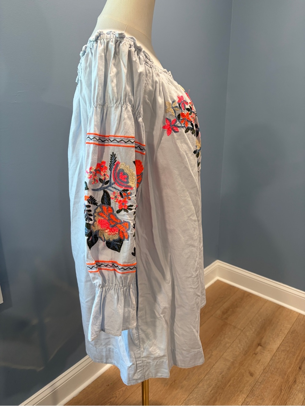 Free People Light Blue Embroidered Off Shoulder Boho Peasant Dress M - Picture 4 of 7